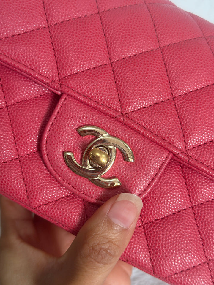 CHANEL 17C series 23 Pink Caviar LGHW Mini Rectangular Flap Bag with edge stitching 2016/2017