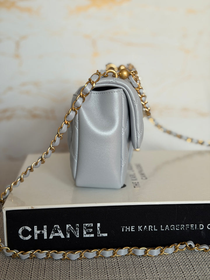 CHANEL Pearl Twist Pearly Light Blue Lambskin Mini Flap Bag 2023