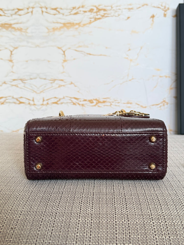 Dior Lady Dior MINI Burgundy Dark Red Python Leather 2018 LGHW