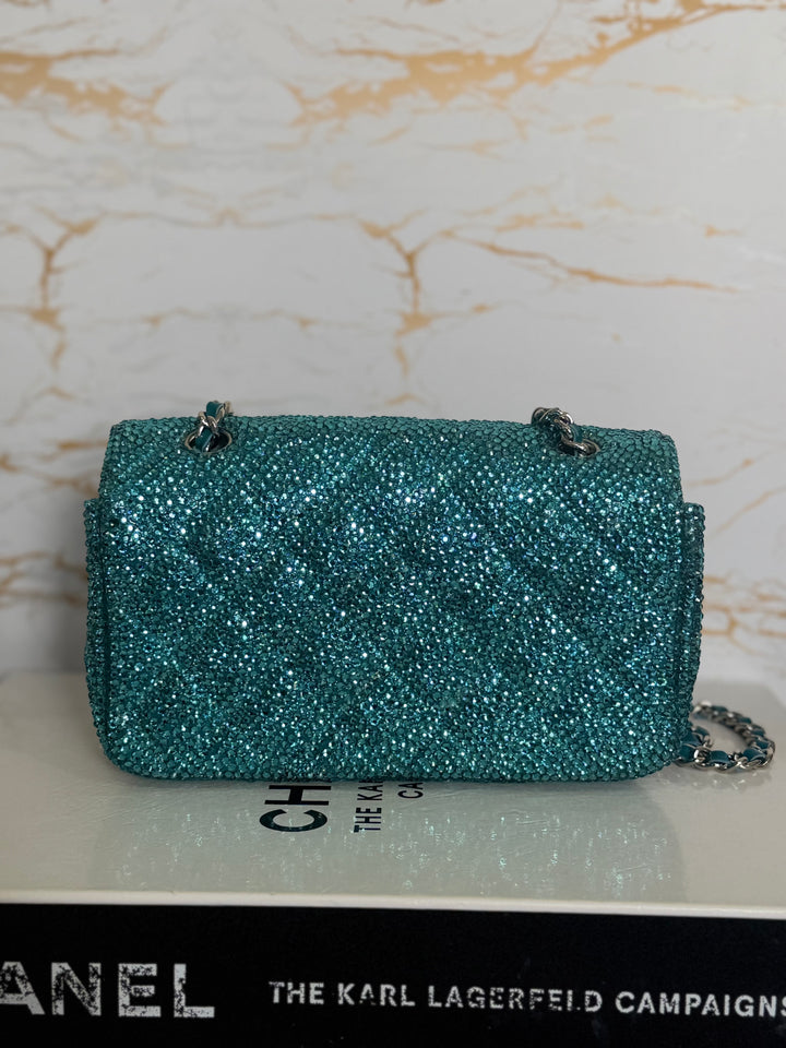 CHANEL series 21 Turquoise Teal Green Blue Diamanté Swarovski Crystal Strasssd Extra Mini Flap Bag with SHW *unicorn* RARE