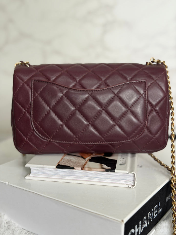 CHANEL 21B Burgundy Lambskin Aged GHW Pearl Crush Adjustable Chain Mini rectangular flap Bag 2021