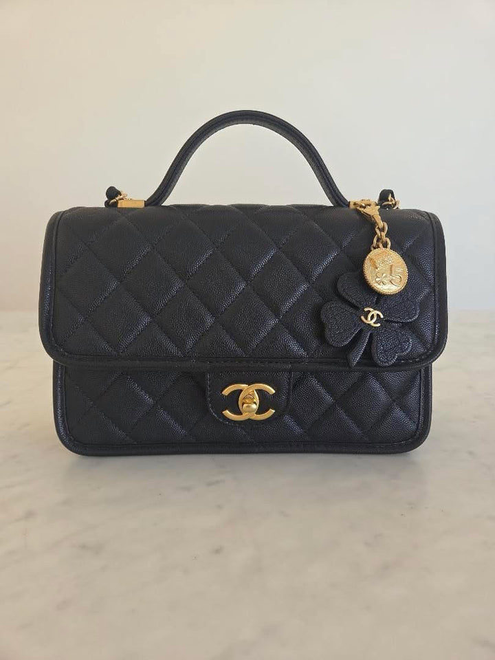 CHANEL 25B 2025 Top Handle Black Caviar Aged GHW with Charm