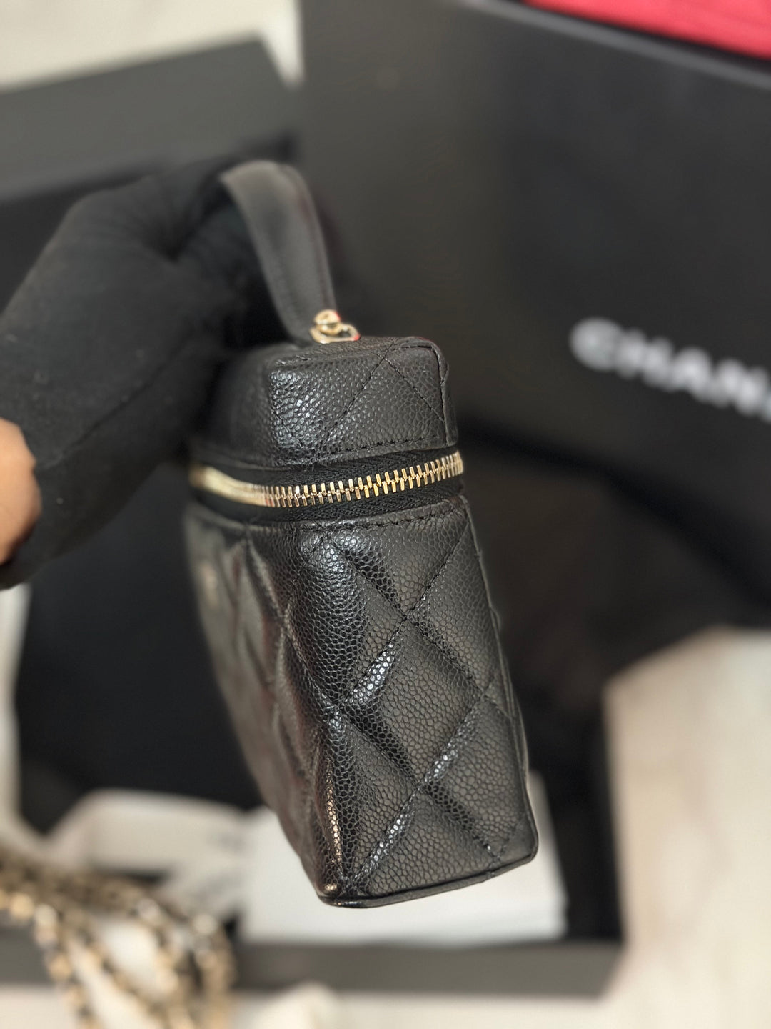CHANEL Black Caviar LGHW Long Vanity with top handle and detachable chain