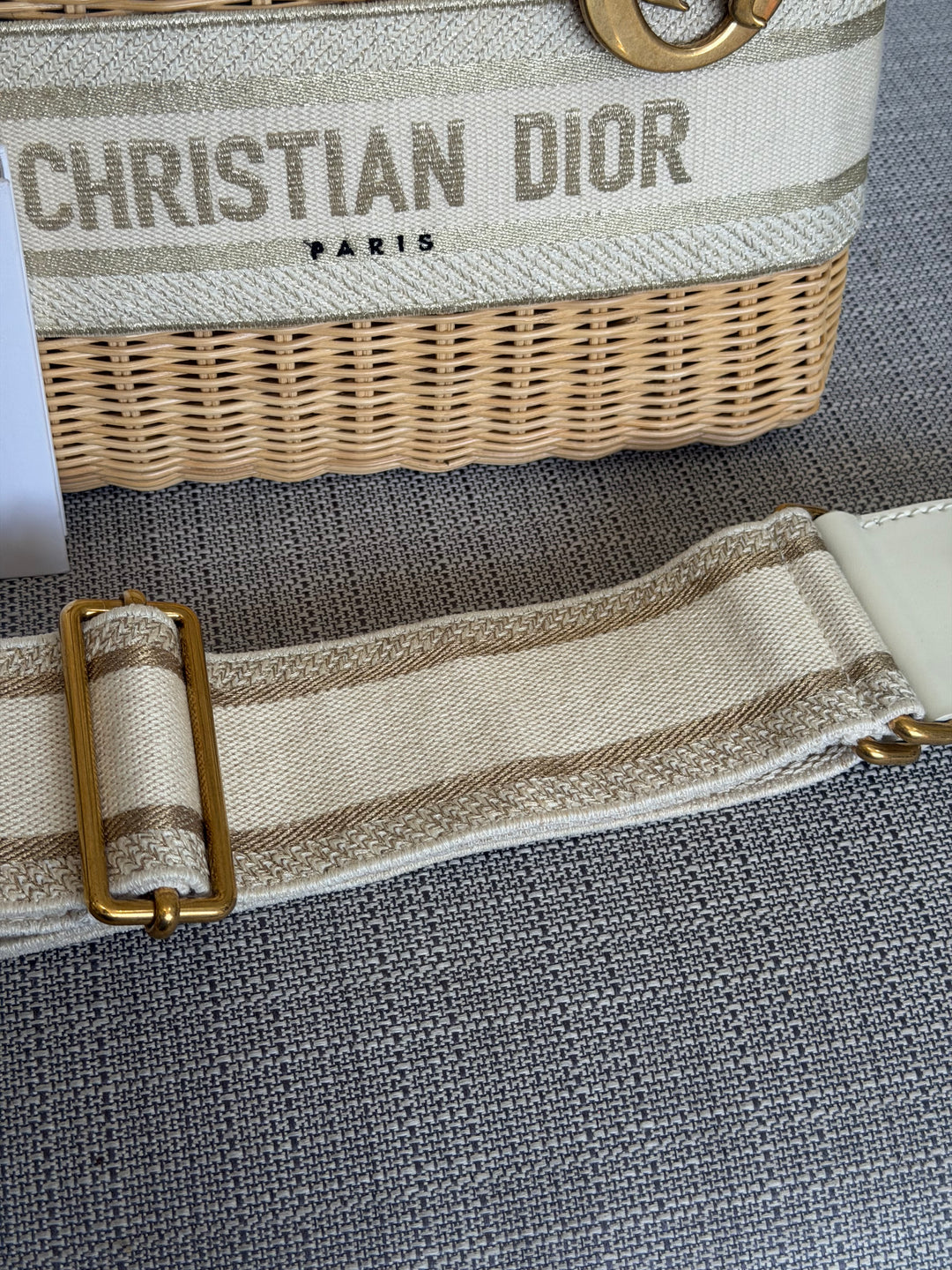 DIOR Lady Dior White/Gold Wicker Bag size SMALL with Guitar Strap