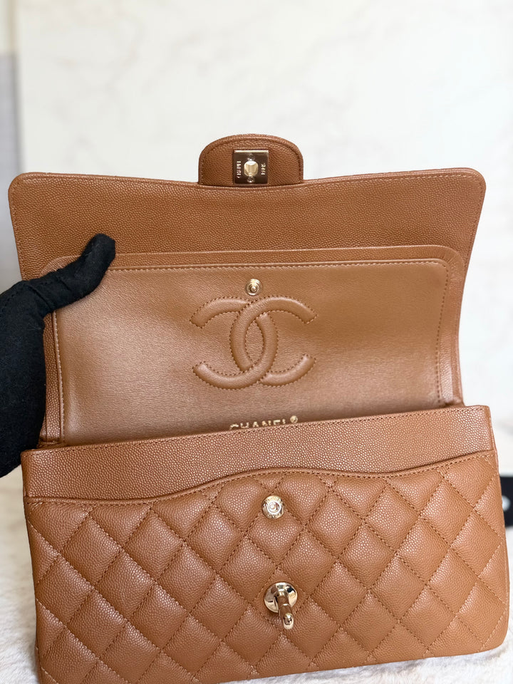 CHANEL 17C Brown Caramel Caviar LGHW Medium ML Timeless Classic Double Flap Bag 2016/2017