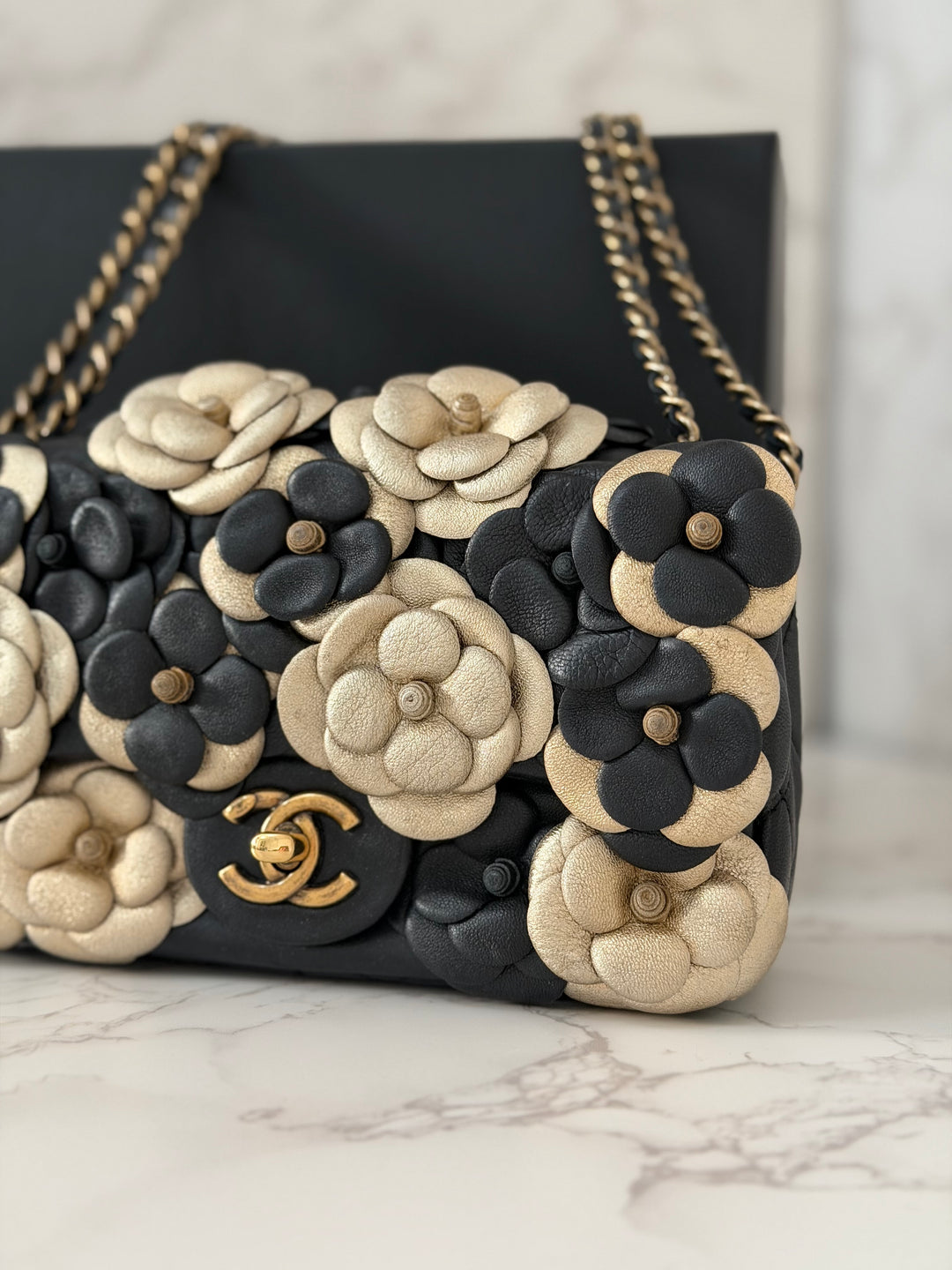 CHANEL series 21 Black Metallic Gold Camellia Flower Lambskin Mini Rectangular Flap Bag with Vintage GHW