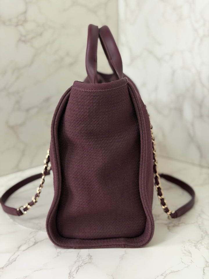 Chanel 24B Collection 2024 Burgundy Tweed Deauville Tote with Leather top handle size small and Detachable pouch