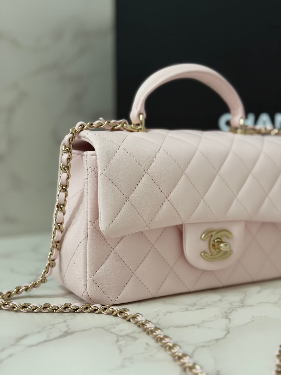 CHANEL 22P 2022 Sakura Light Pink Lambskin LGHW Mini Rectangular Flap Bag with Top Handle