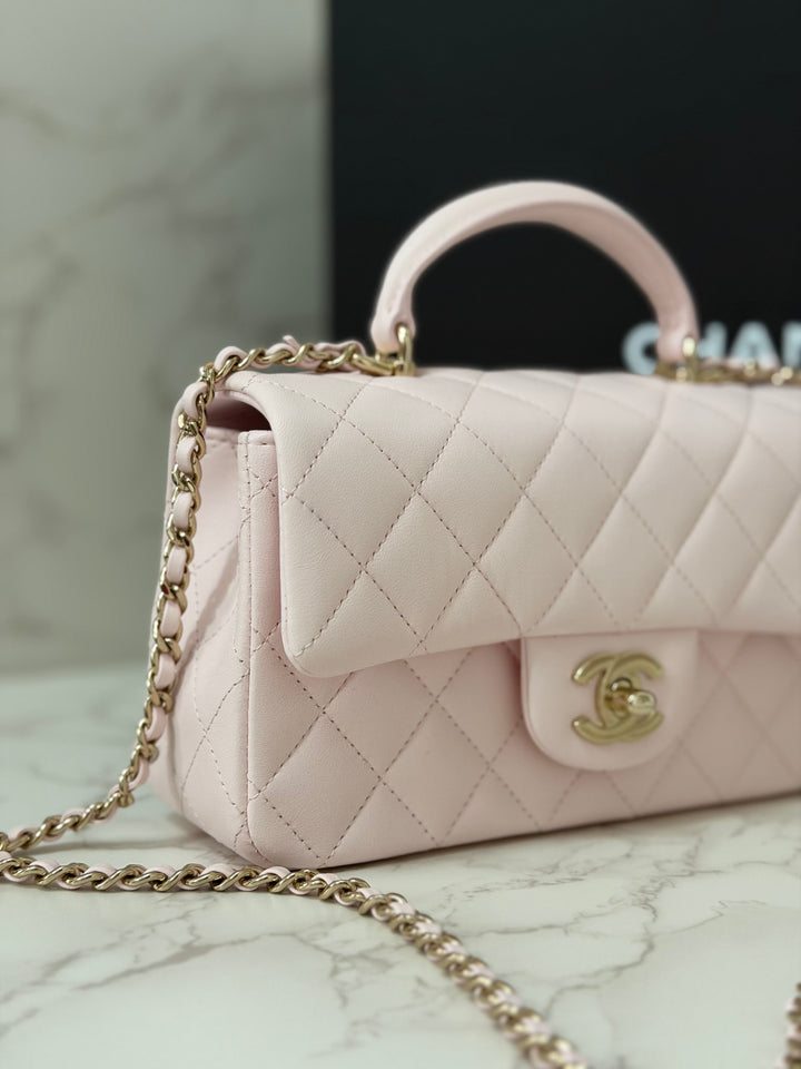 CHANEL 22P 2022 Sakura Light Pink Lambskin LGHW Mini Rectangular Flap Bag with Top Handle