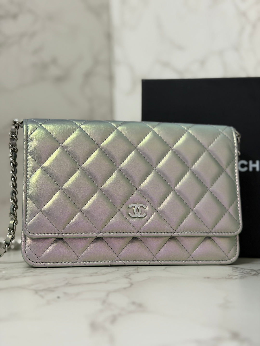 CHANEL 21K Silver Lambskin SHW Classic Wallet On Chain (WOC)