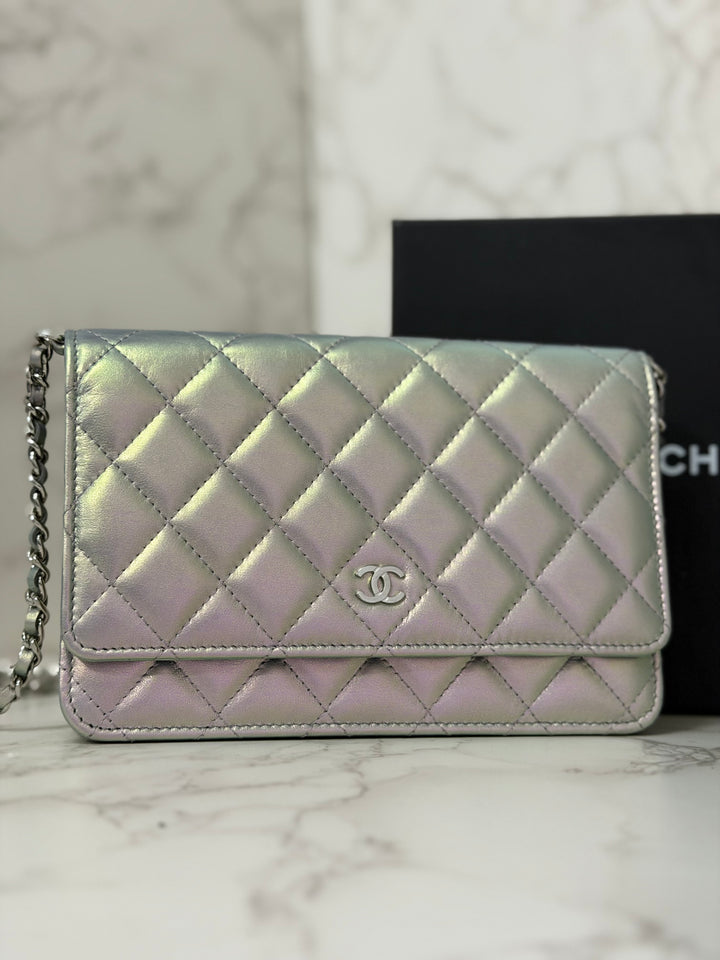 CHANEL 21K Silver Lambskin SHW Classic Wallet On Chain (WOC)