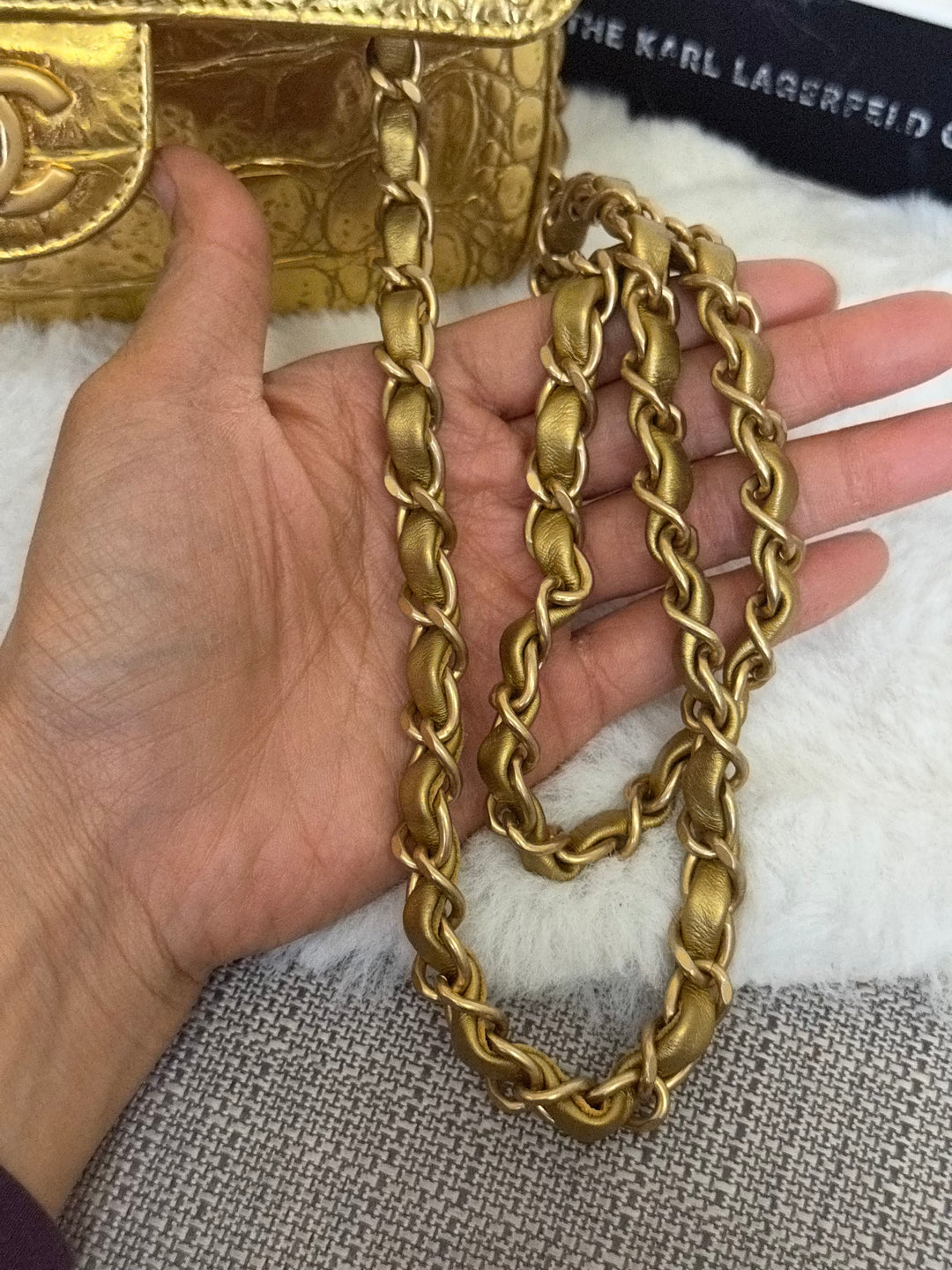 CHANEL series 28 19A Metiers d'Art collection Gold Croc Embossed Calf Skin Mini Rectangular Flap Bag with Aged GHW 2019 RARE