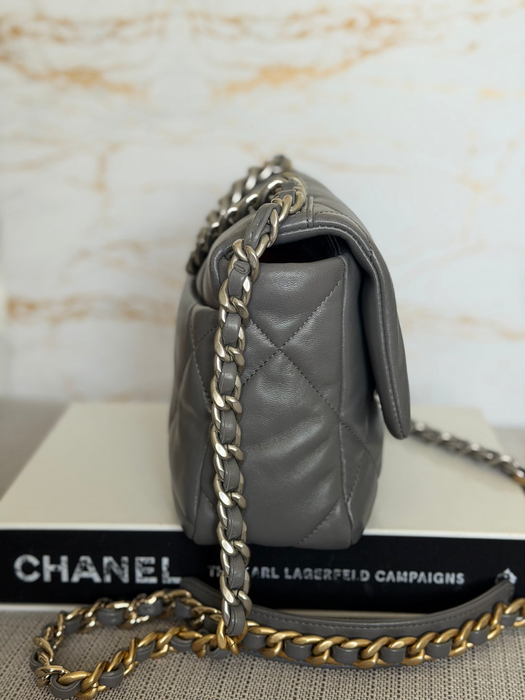 CHANEL Dark Grey Lambskin 19 Size SMALL/MEDIUM Mixed HW Flap Bag 2022 Microchipped