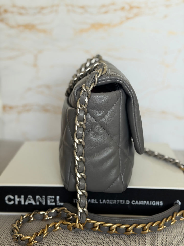 CHANEL Dark Grey Lambskin 19 Size SMALL/MEDIUM Mixed HW Flap Bag 2022 Microchipped