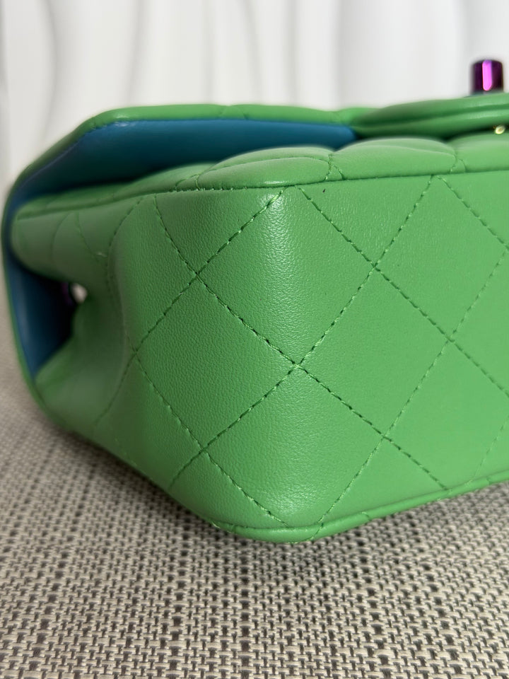 CHANEL series 31 21P Two Tone Green Blue Lambskin Rainbow Iridescent Hardware Mini Rectangular Flap Bag 2021