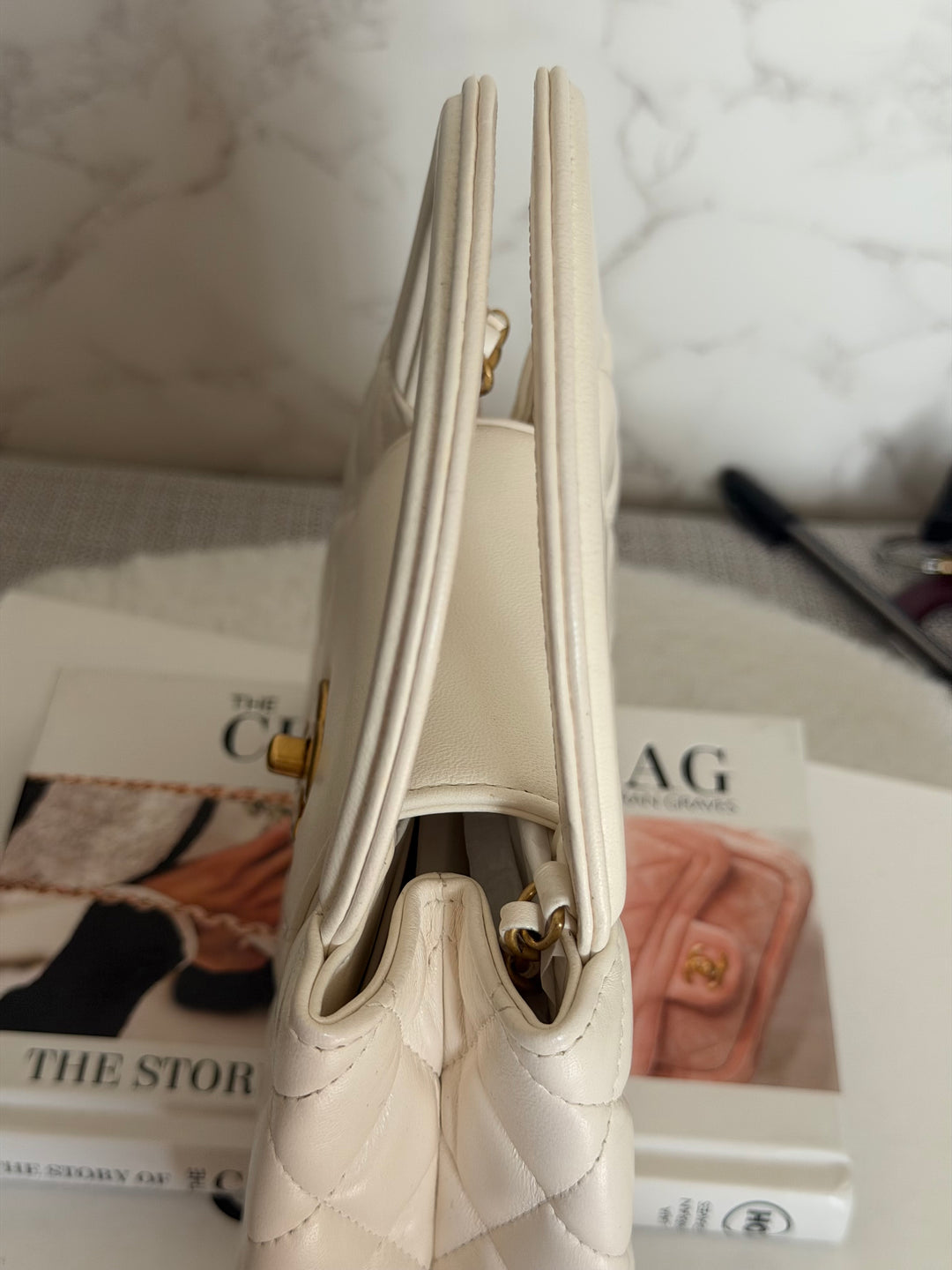 CHANEL White Calf skin Aged GHW Kelly Shopping Bag Size Small 2026