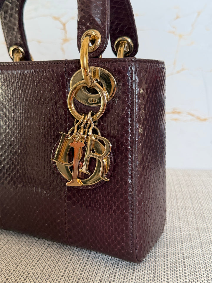Dior Lady Dior MINI Burgundy Dark Red Python Leather 2018 LGHW