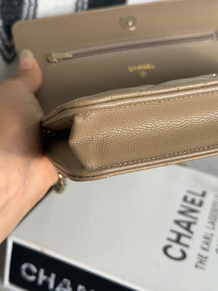 CHANEL 22A Dark Beige Caviar LGHW Classic Wallet on chain (WOC) 2023