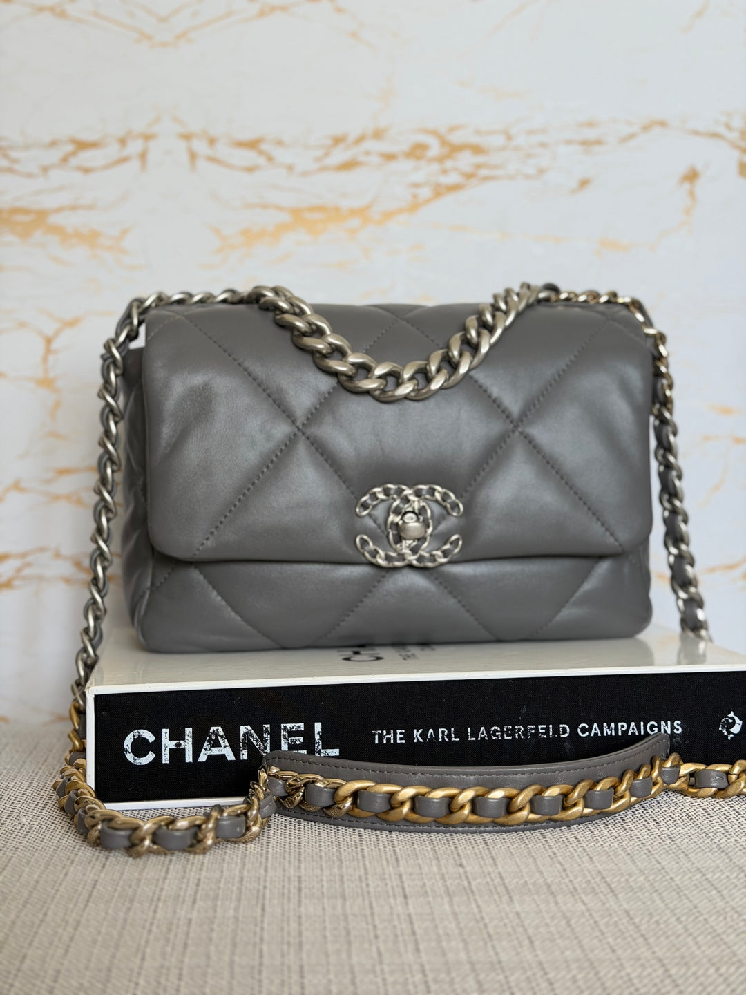 CHANEL Dark Grey Lambskin 19 Size SMALL/MEDIUM Mixed HW Flap Bag 2022 Microchipped