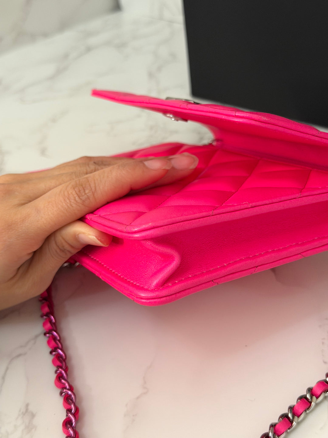 CHANEL 24C 2023/2024 Bright Hot Pink Ombré Hardware Square Wallet on Chain (WOC)