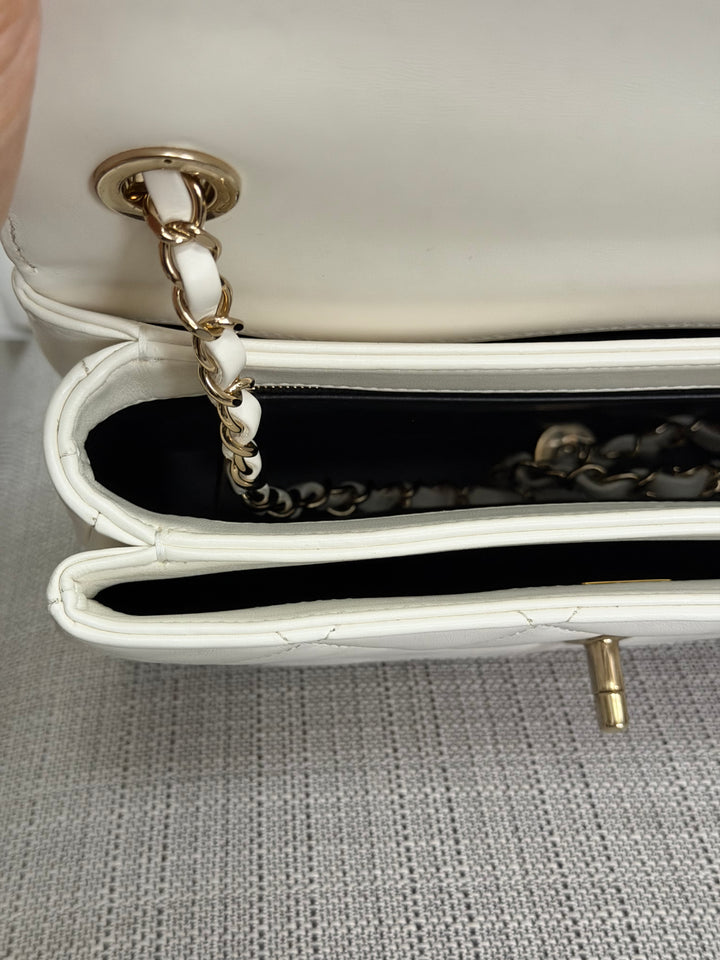 CHANEL 23S collection 2023 White Lambskin LGHW Trendy CC Flap Bag size Small with raised CHANEL Engraved Plate Top Handle