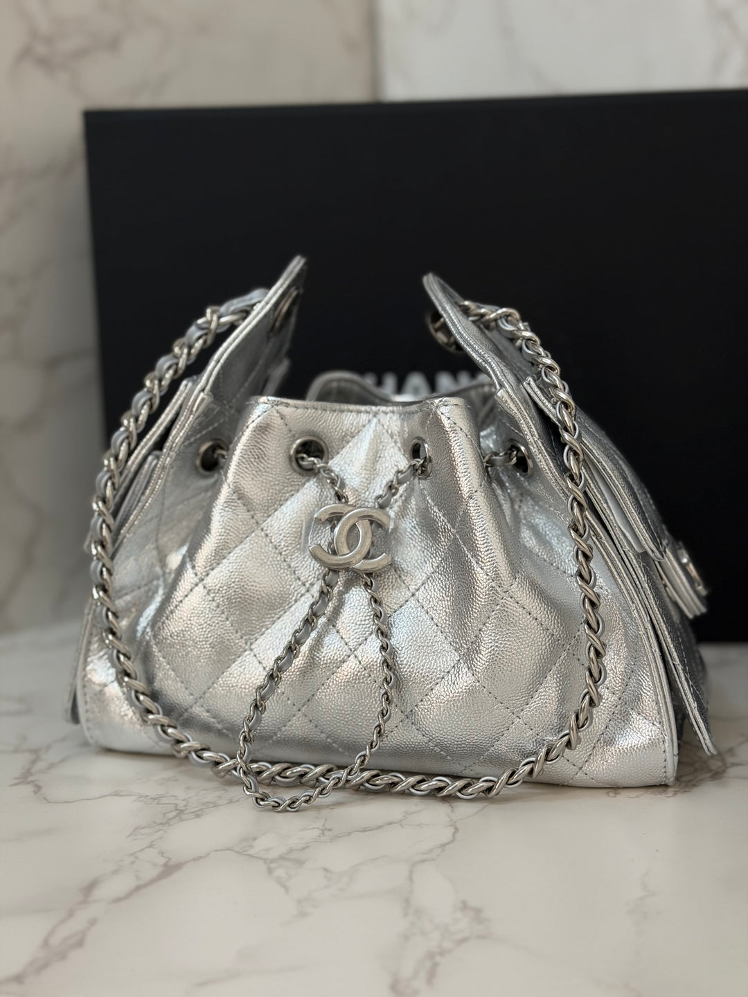 CHANEL 26C Silver Caviar shiny SHW Mini 25 Hobo Bag