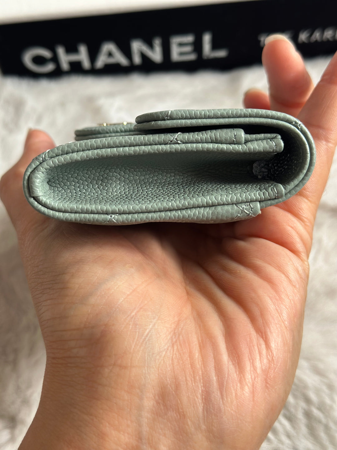 Chanel Sage caviar LGHW Classic Flap Snap Card Holder