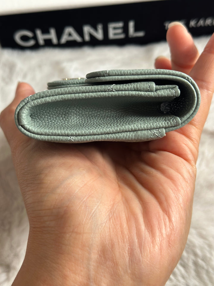 Chanel Sage caviar LGHW Classic Flap Snap Card Holder