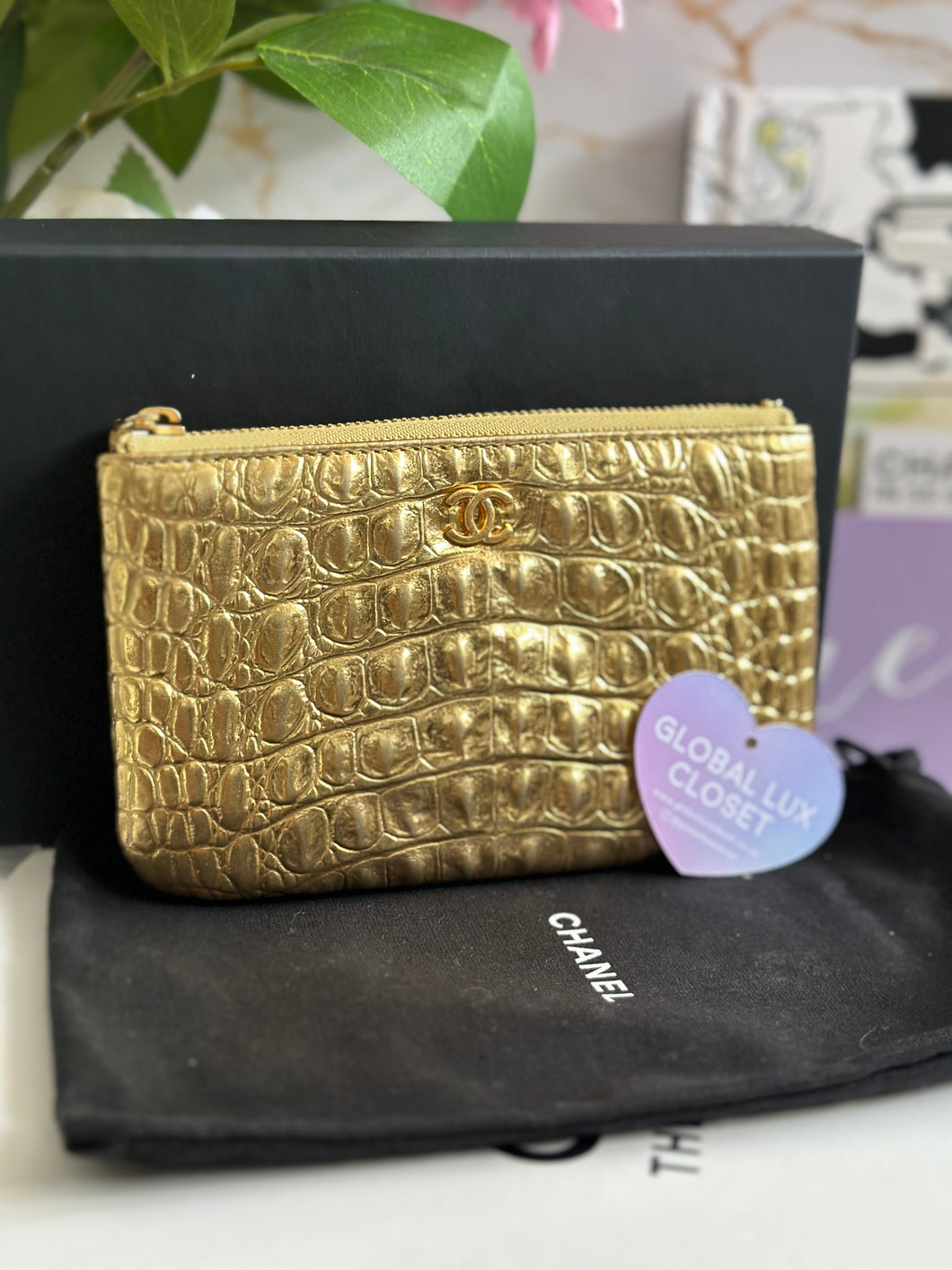 Chanel 19A Gold Calf skin Croc Embossed Mini O Case with Aged GHW