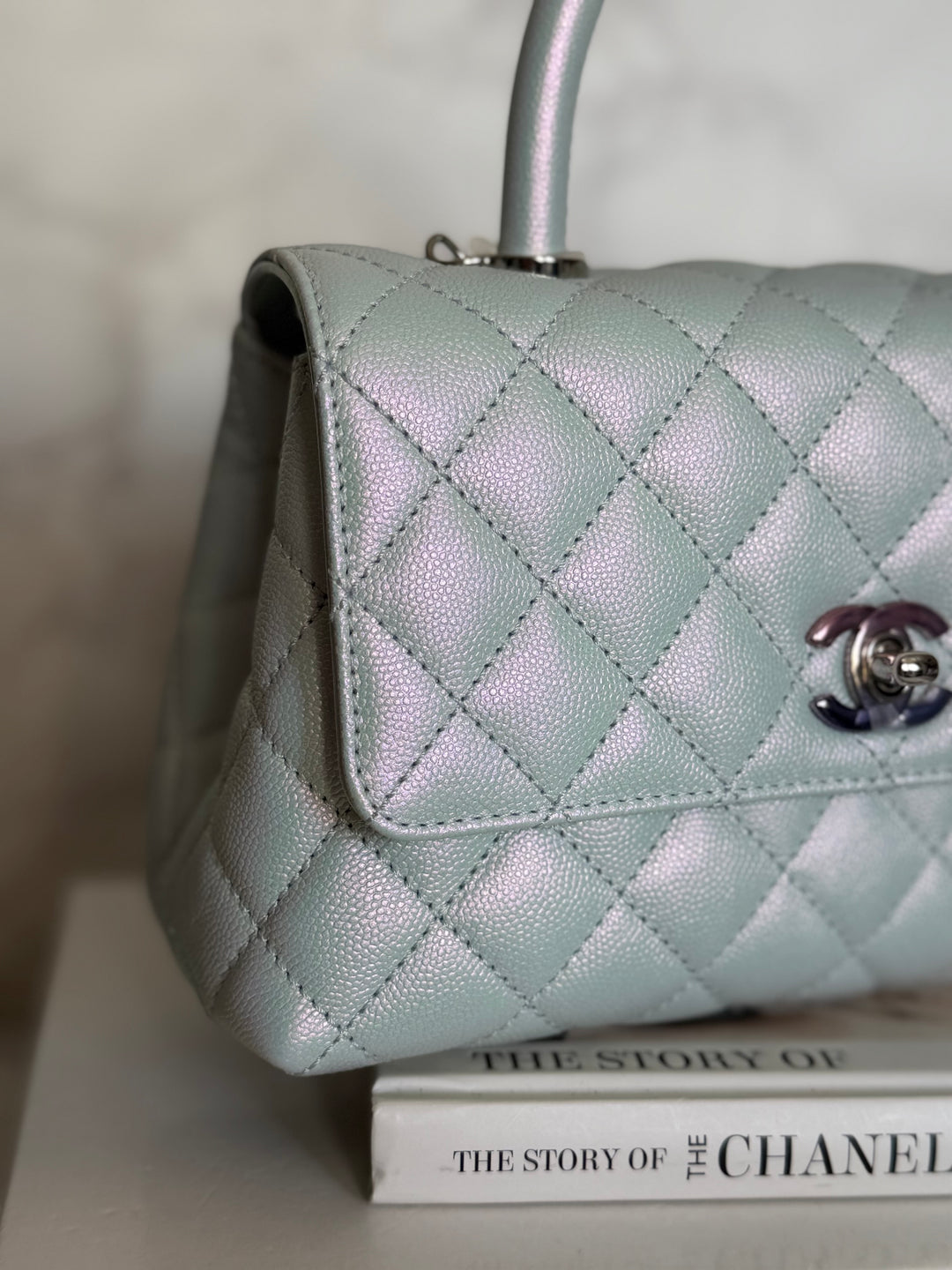 CHANEL 21K iridescent Light Blue Caviar Rainbow and shiny SHW Coco Handle Flap Bag size Small 2021