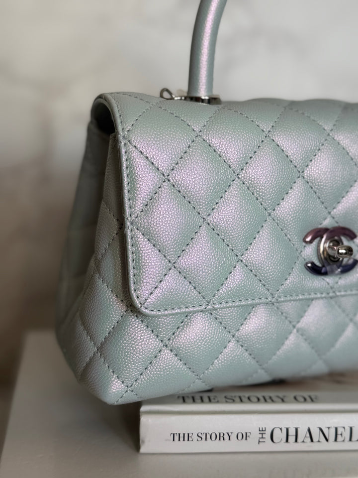 CHANEL 21K iridescent Light Blue Caviar Rainbow and shiny SHW Coco Handle Flap Bag size Small 2021