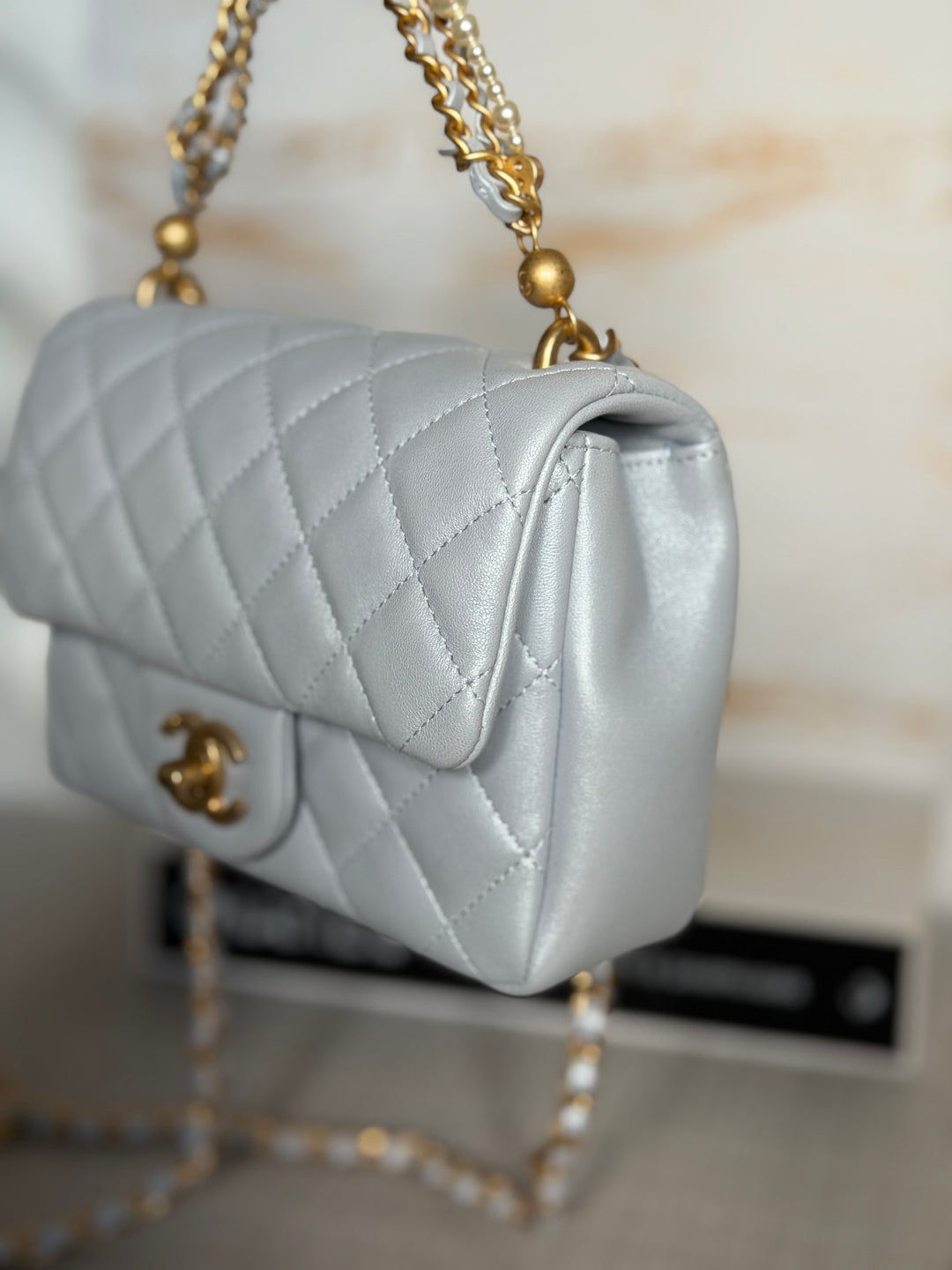 CHANEL Pearl Twist Pearly Light Blue Lambskin Mini Flap Bag 2023