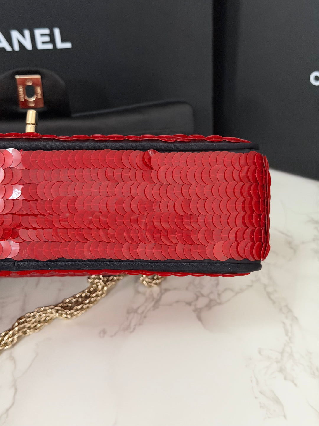 CHANEL series 13 2010 Red Sequin and Black Satin Paris-Shanghai Medium Flap Bag Gold Hardware