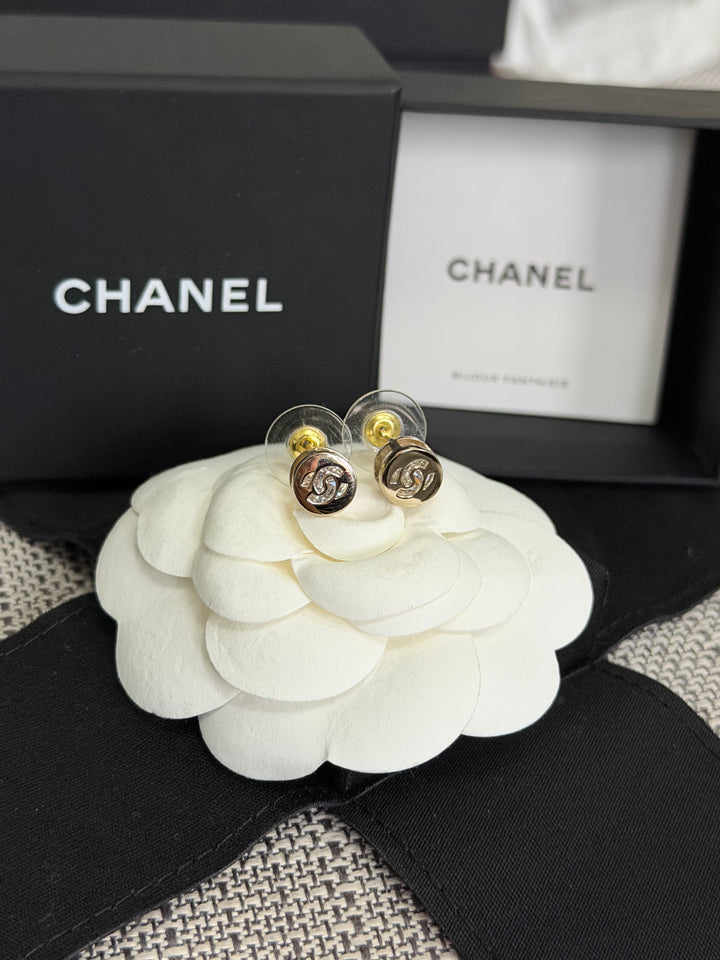 CHANEL 2024 Light Gold Round Earrings with Crystals 0.5 cms diameter