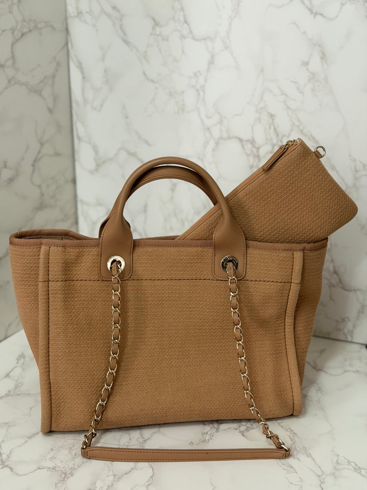 CHANEL 24P collection 2024 Beige Tweed Deauville Tote size Small with top handle LGHW and pouch