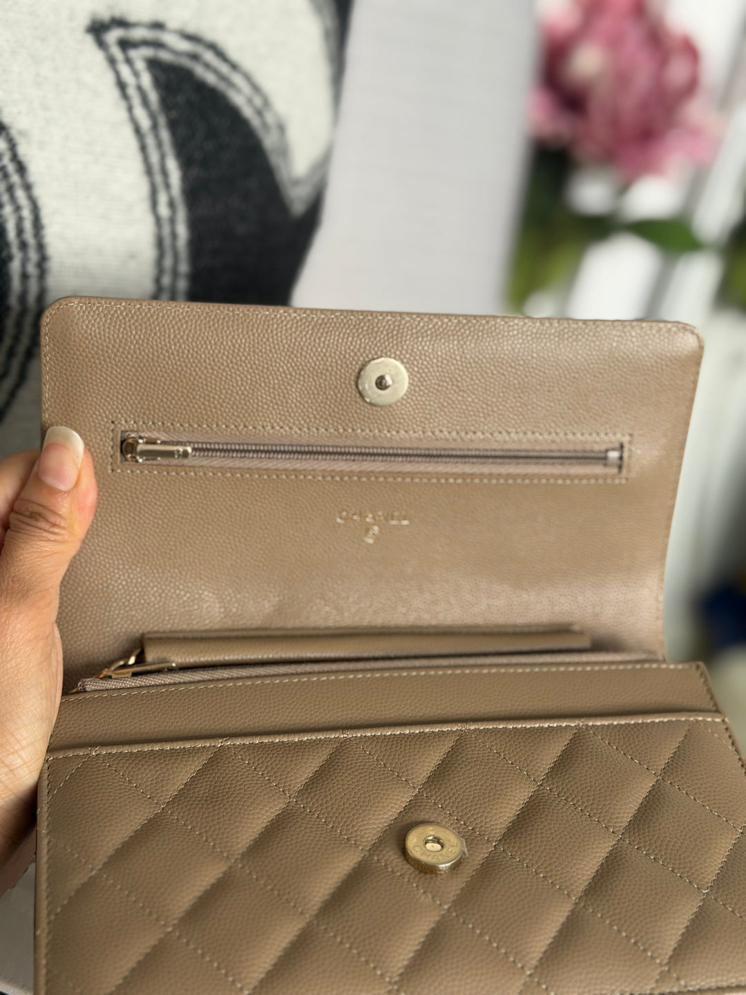 CHANEL 22A Dark Beige Caviar LGHW Classic Wallet on chain (WOC) 2023