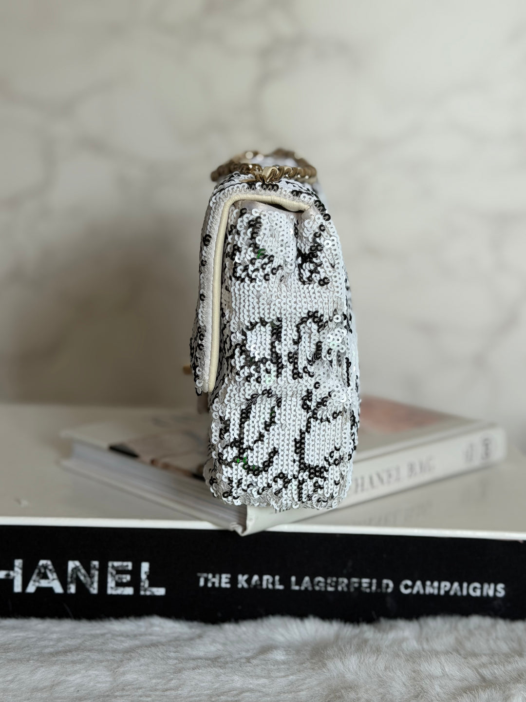 CHANEL 22C White and Black Sequin SMALL Flap Bag LGHW 2022