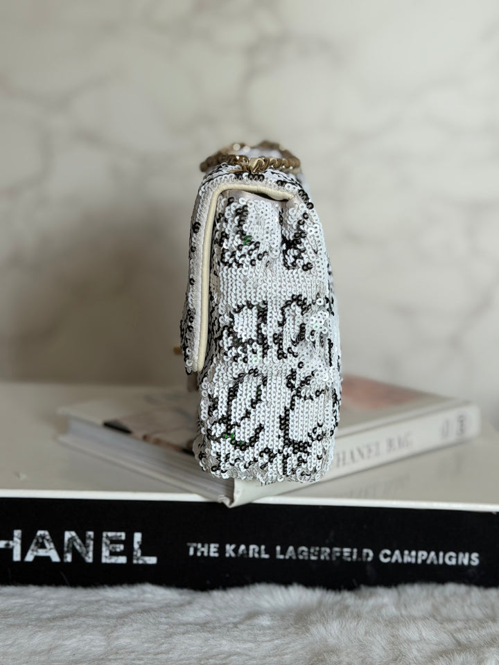 CHANEL 22C White and Black Sequin SMALL Flap Bag LGHW 2022