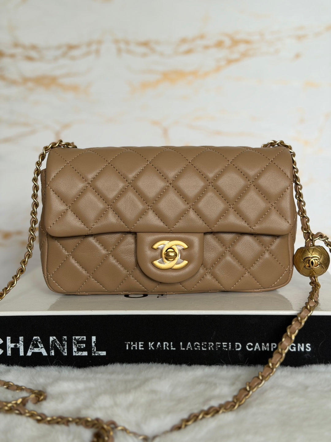 CHANEL 22B Taupe Dark Beige Lambskin Aged GHW Pearl Crush Adjustable Chain Mini Rectangular Flap Bag 2022