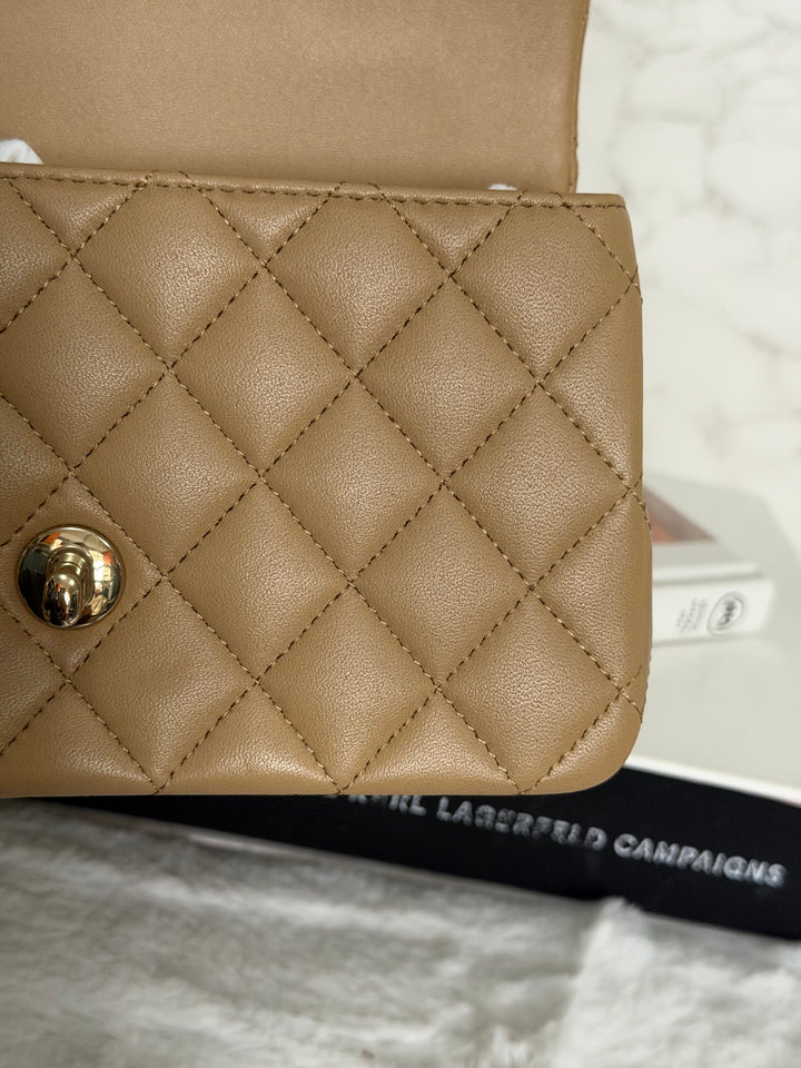 CHANEL Dark Beige Lambskin LGHW Mini Rectangular Flap Bag with Top Handle 2023