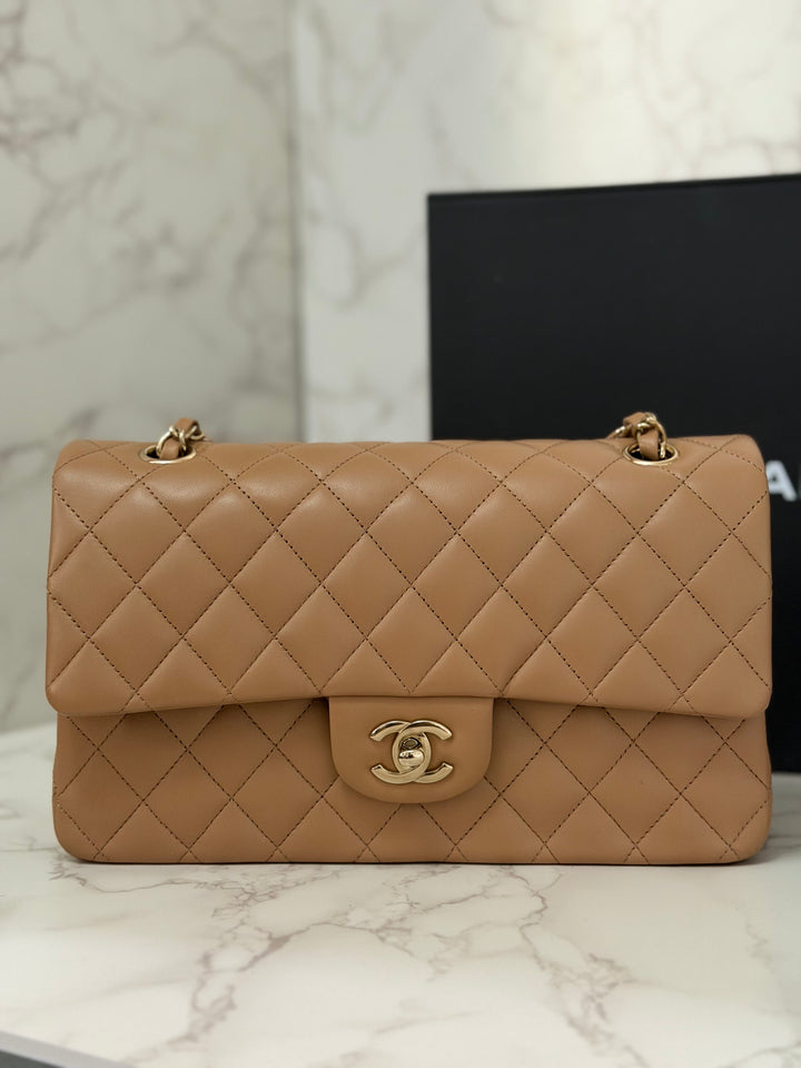 CHANEL 22K collection 2022 Dark Beige Lambskin LGHW Medium ML Timeless Classic Double Flap Bag