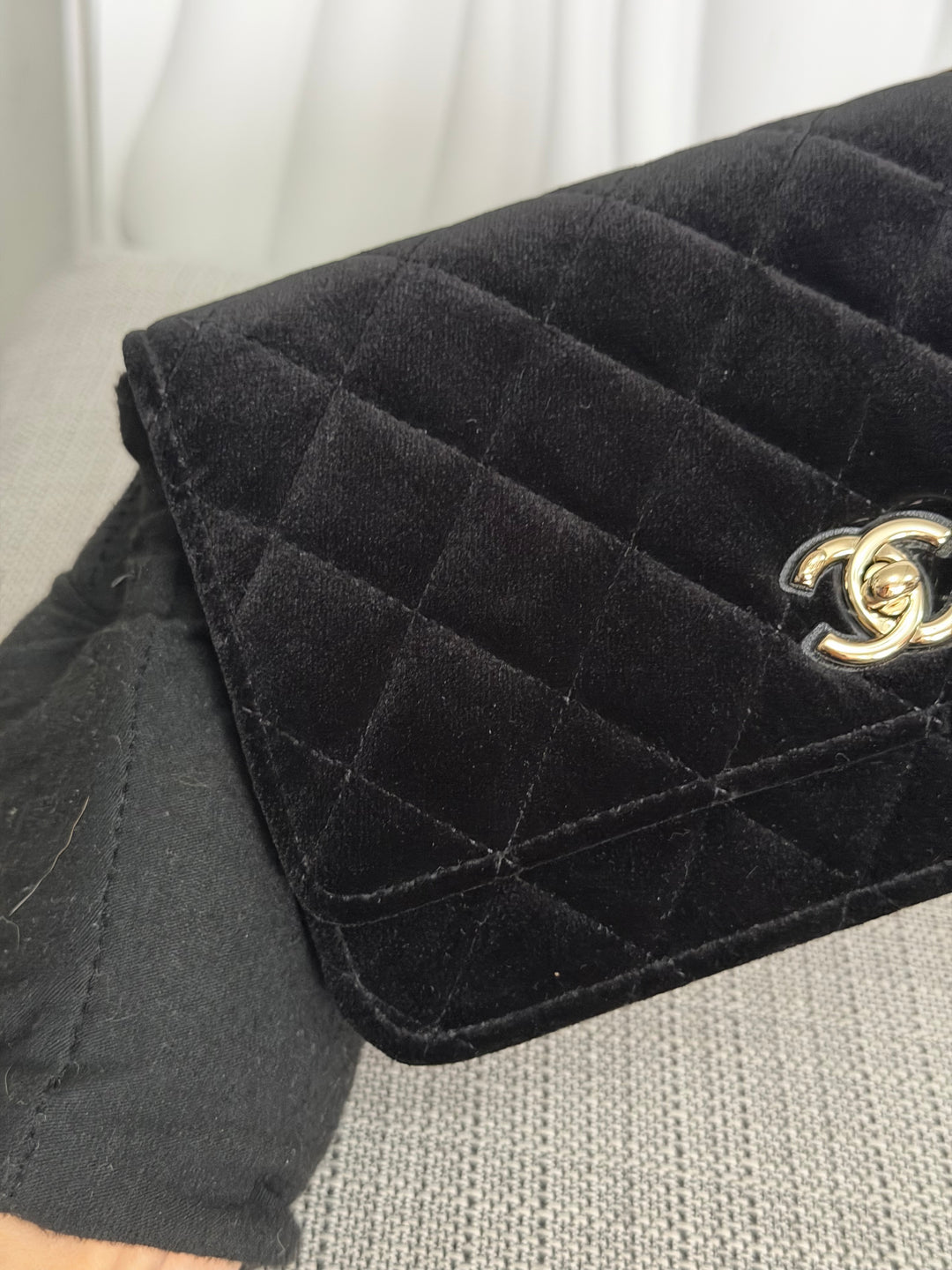 CHANEL 2025 Black Velvet Crystal Pearl Crush Adjustable Strap Wallet on Chain (WOC)