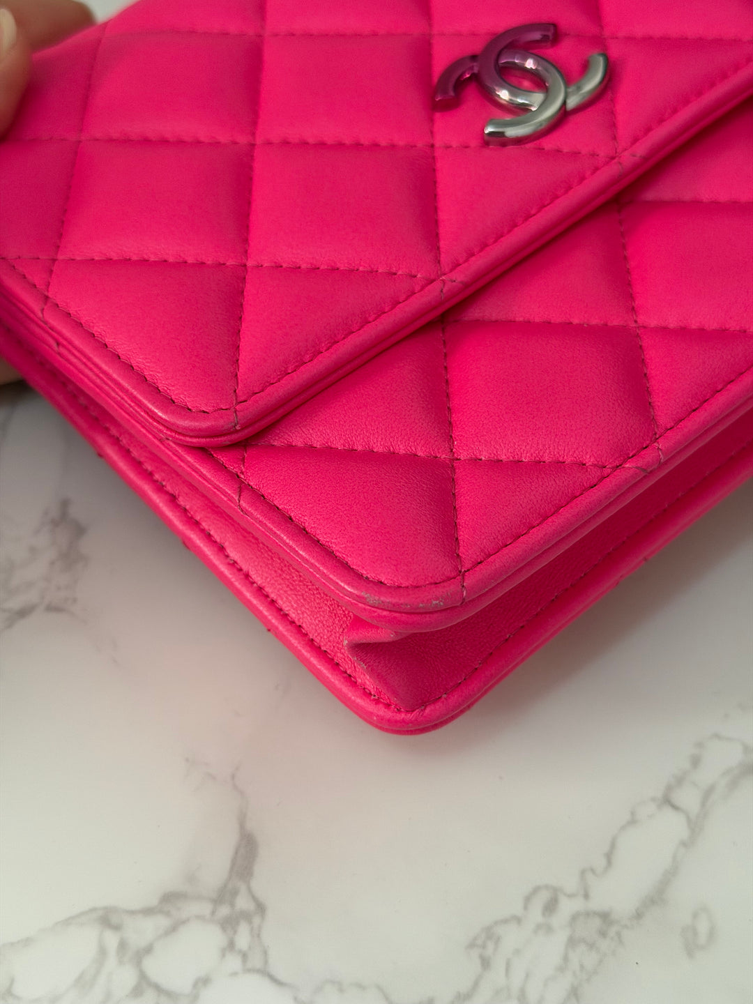 CHANEL 24C 2023/2024 Bright Hot Pink Ombré Hardware Square Wallet on Chain (WOC)