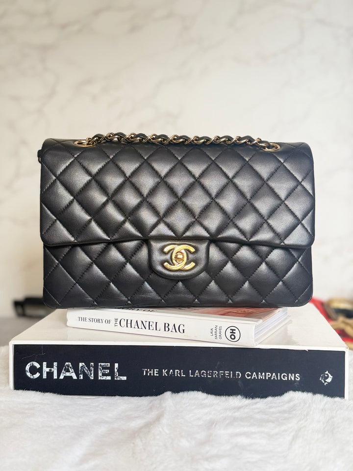 CHANEL series 14 Black Lambskin GHW Medium ML Timeless Classic Double Flap Bag 2011