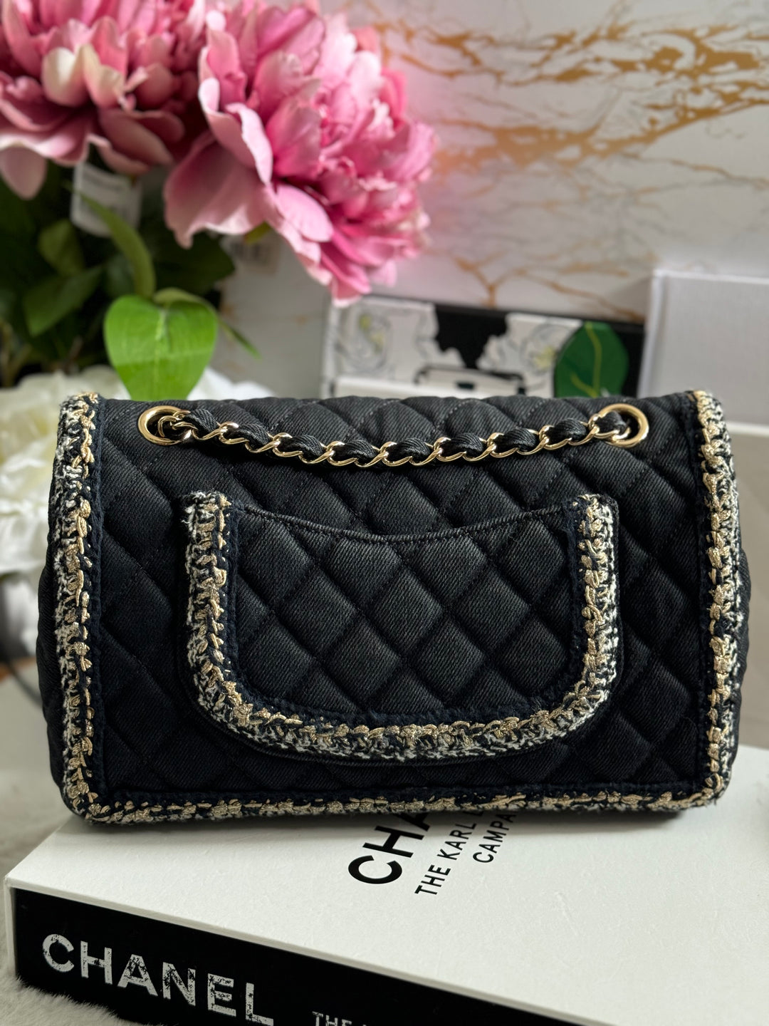 Chanel series 26 Black Denim LGHW Braided in Gold/White/Black Medium Flap Bag