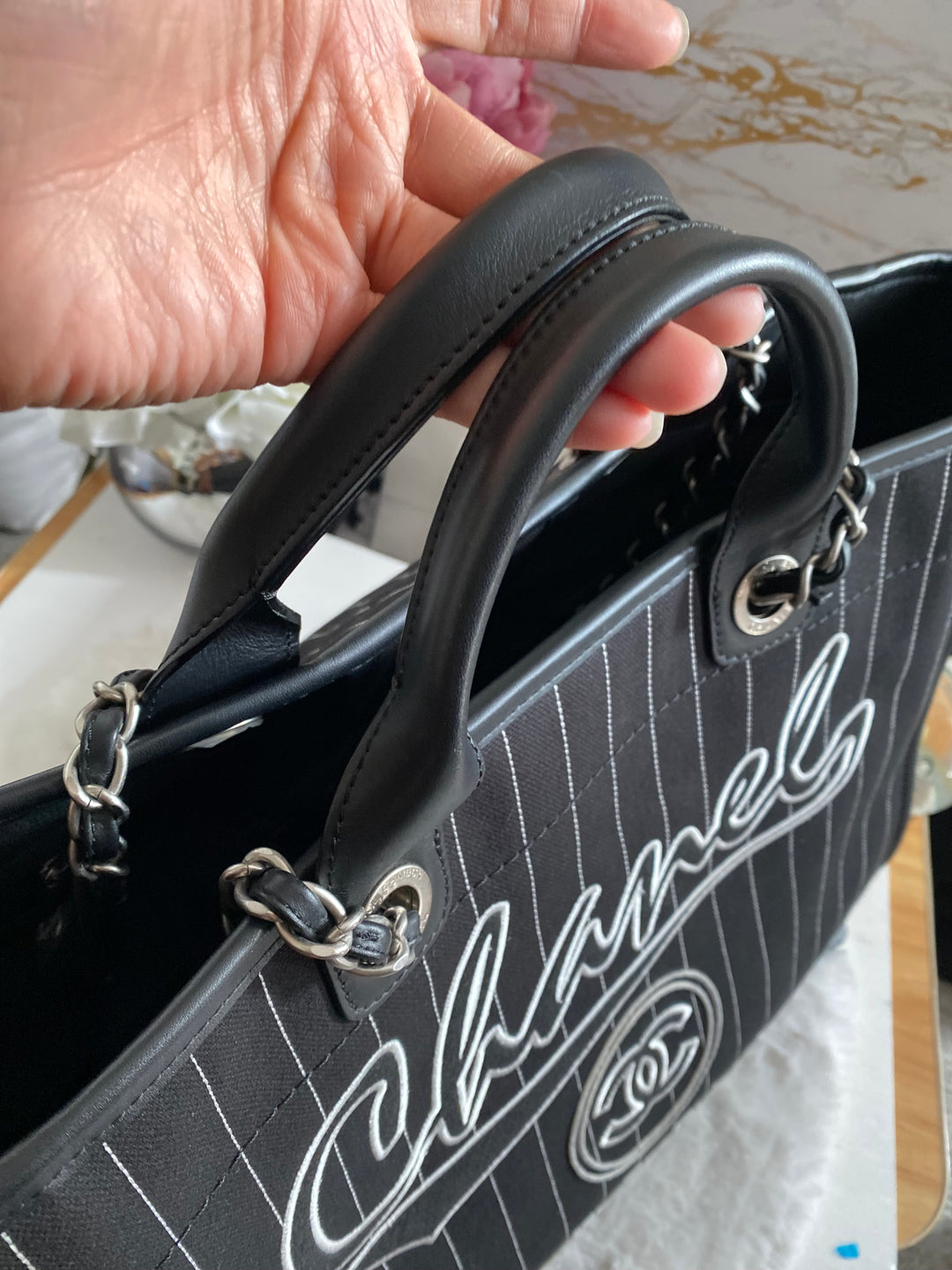Chanel 23P 2023 collection in Black/White Stripe Canvas Deauville Tote with Top Handle and detachable pouch size Medium (15 inches)