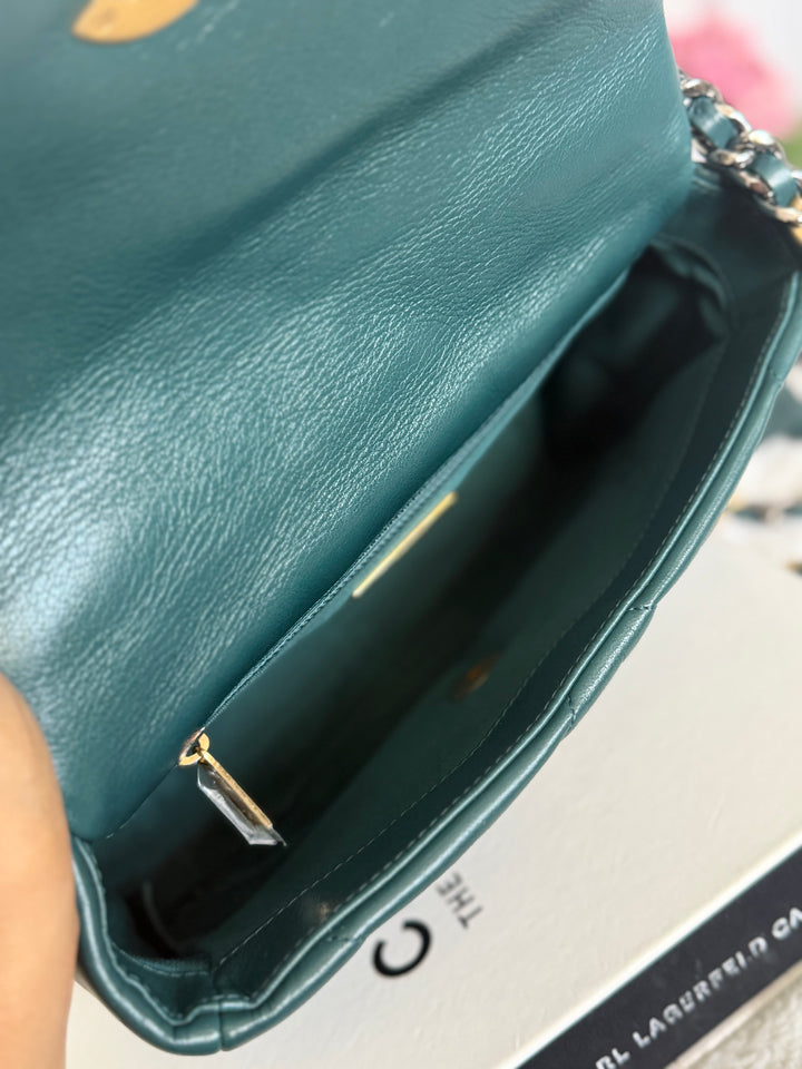 CHANEL 19 size SMALL in 20B Teal Dark Green Goat skin mixed hardware 2020