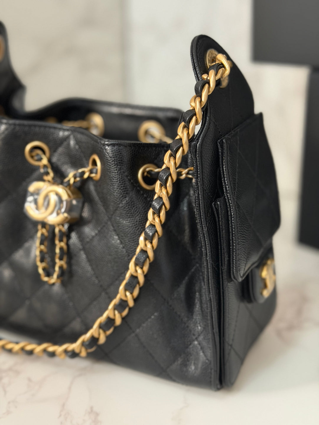CHANEL 26C Black Caviar aged GHW Mini 25 Hobo Bag