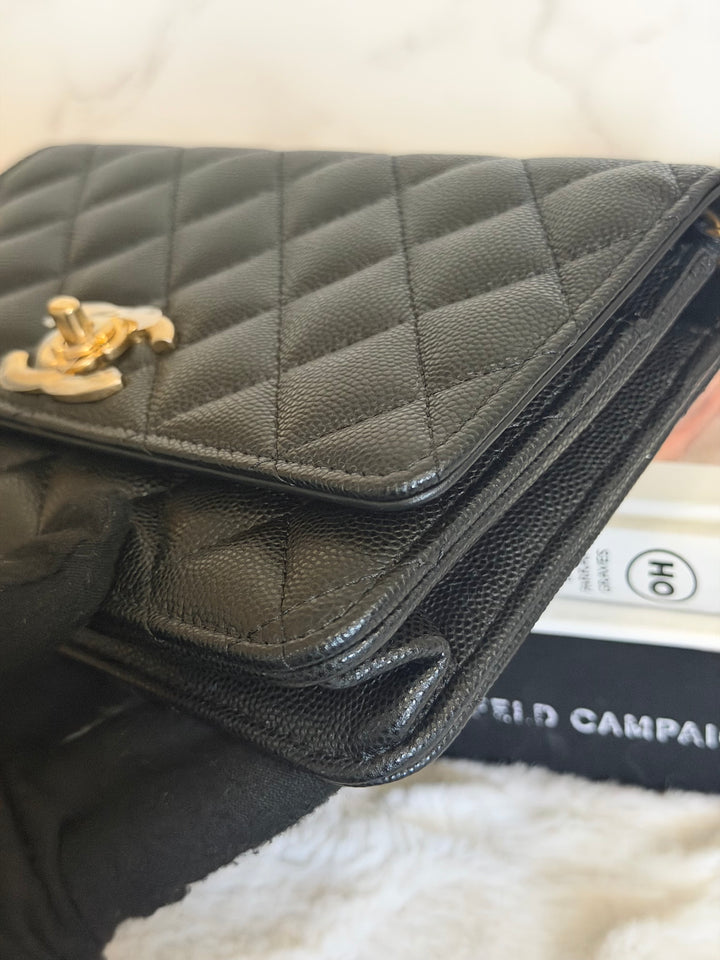 CHANEL Camellia Turnlock Black Lambskin Brushed GHW Classic Wallet on Chain (WOC) microchip 2023