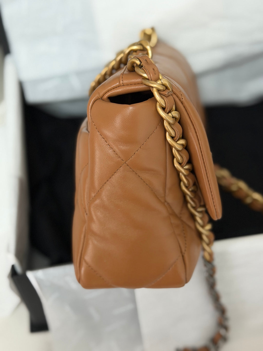 CHANEL Caramel Brown Lambskin Mixed Hardware 19 Size Small Medium Flap bag from 2022